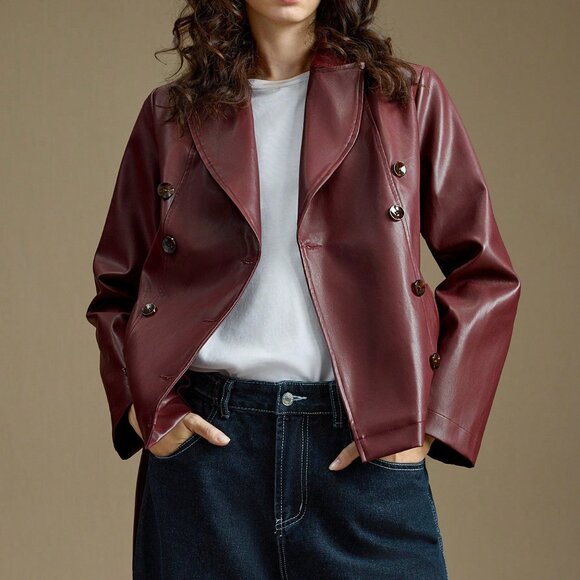 Burgundy Preppy Women's Detachable Shawl Coat with Chic Lapel & Cape - Picture 4 of 8